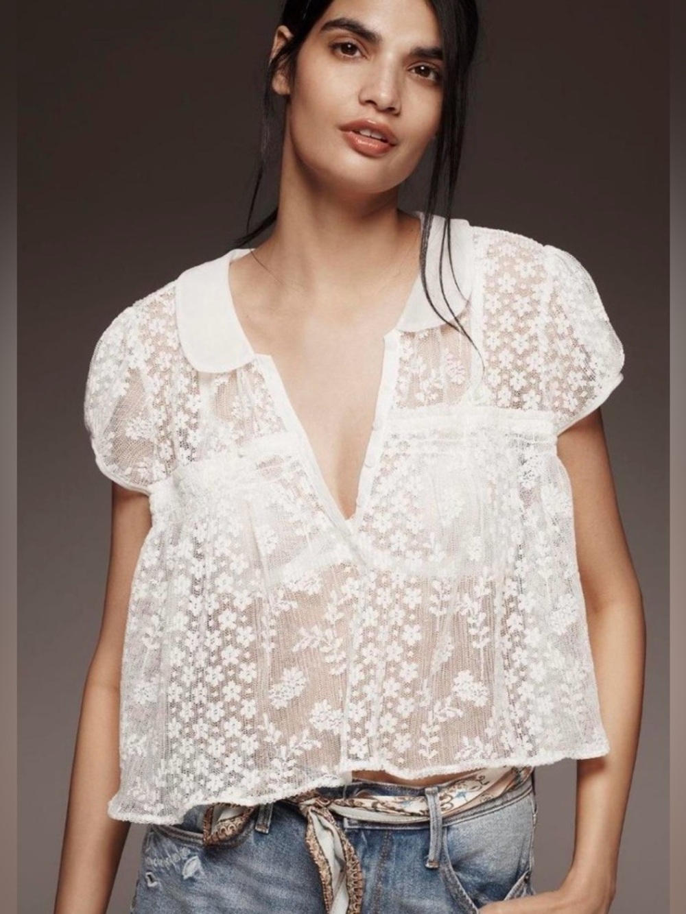 NWT $88 Anthropologie Maeve Short Sleeve Sheer Lace Babydoll Blouse M
